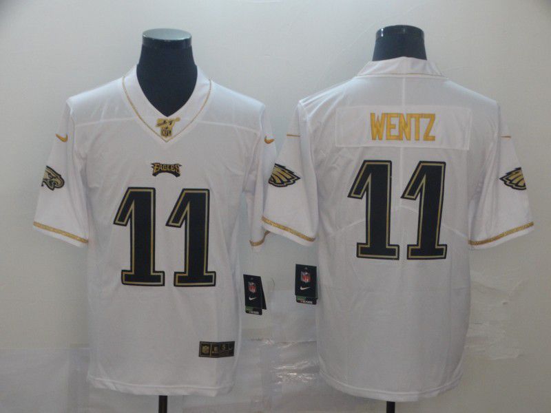 Men Philadelphia Eagles 11 Wentz White Retro gold character Nike NFL Jerseys